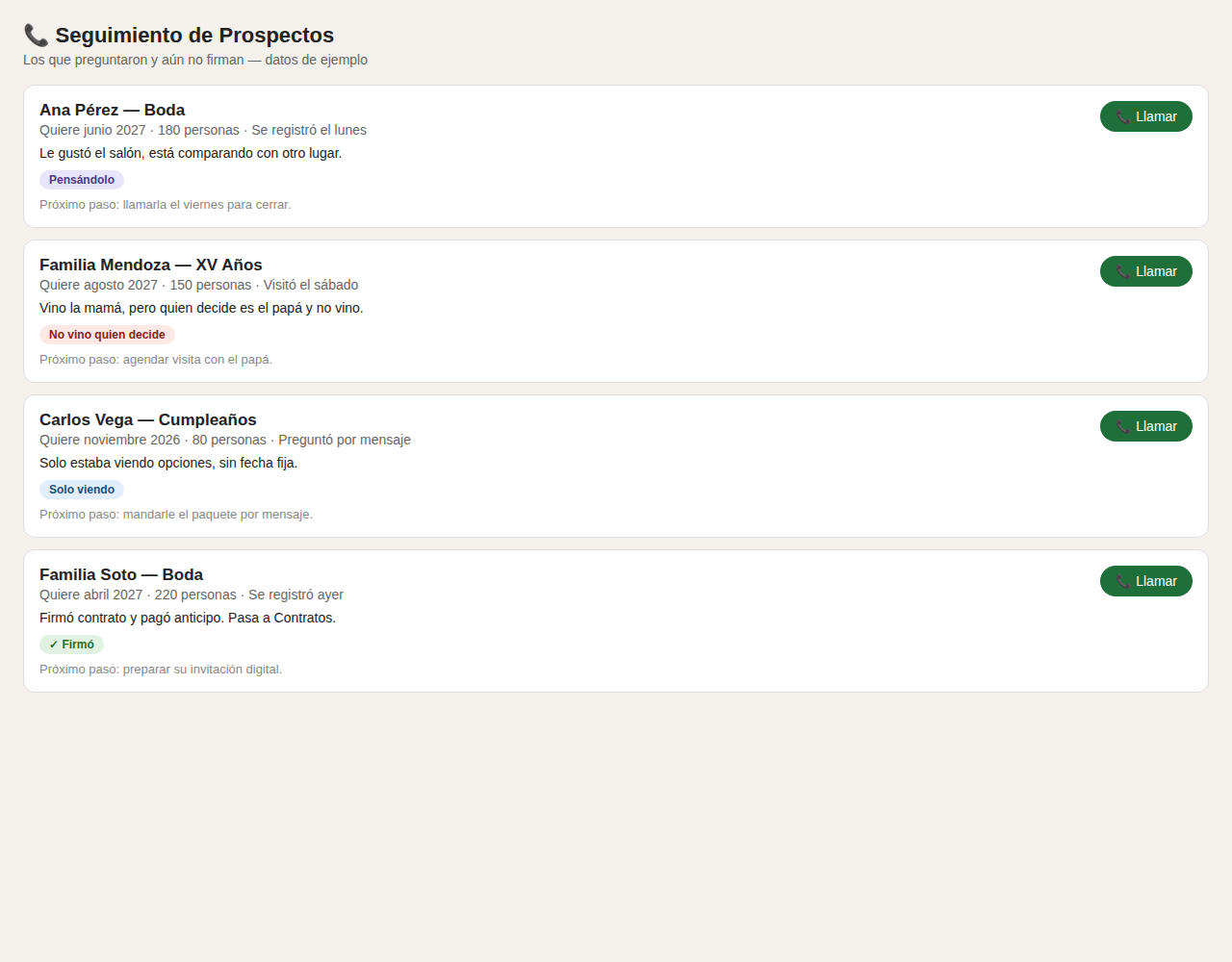Ejemplo de seguimiento de prospectos